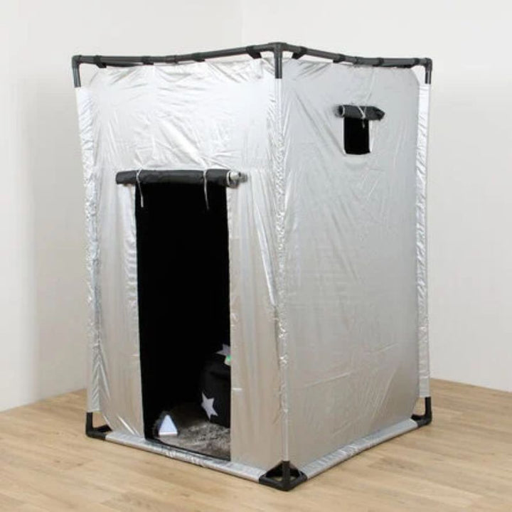 TTS Giant Sensory Dark Den assembled in portrait orientation with the door panel rolled up and side window flap, showing the double-skin silver nylon cover