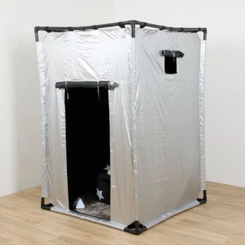 TTS Giant Sensory Dark Den assembled in portrait orientation with the door panel rolled up and side window flap, showing the double-skin silver nylon cover