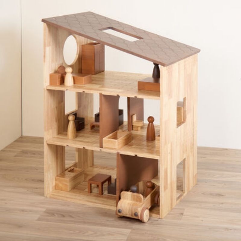 TTS Giant Wooden Dollhouse side angle showing multi-tone wood construction and open-access design for collaborative imaginative play