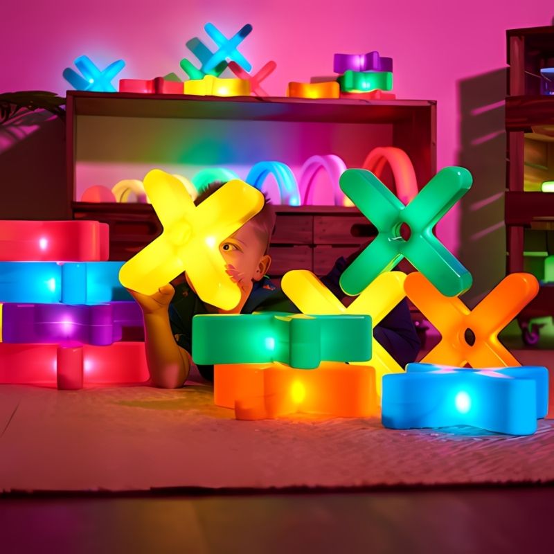 Child building a structure with TTS Glow Crosses and illuminated construction blocks in a sensory play room, demonstrating loose parts and cause and effect play
