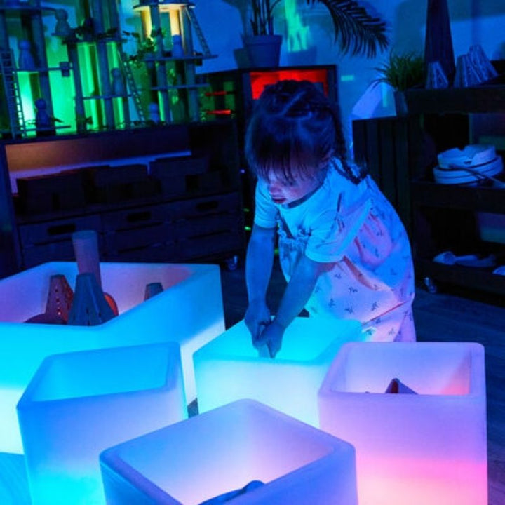 TTS Messy Play Glow Cube dimensions view showing H29.5 x W24 x D24cm size, suitable for early years sensory play stations in classrooms and therapy settings