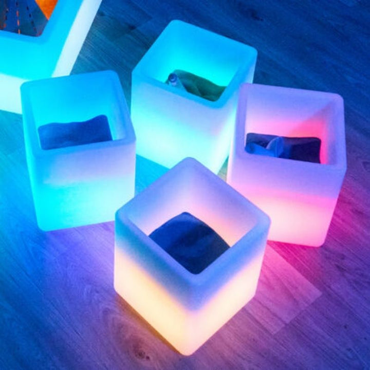 TTS Glow Cubes in a sensory room setting, showing colour-changing illumination for visual stimulation and calming sensory play environments