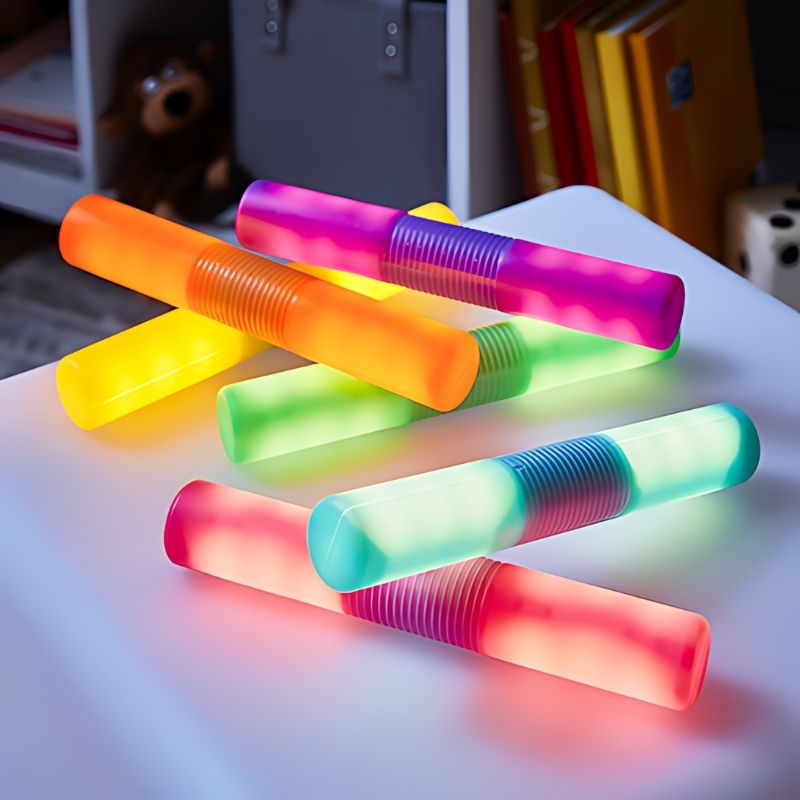 Close-up view of TTS Light Up Glow Cylinders illuminated, showing the vibrant LED glow used for visual sensory exploration and cause-and-effect play