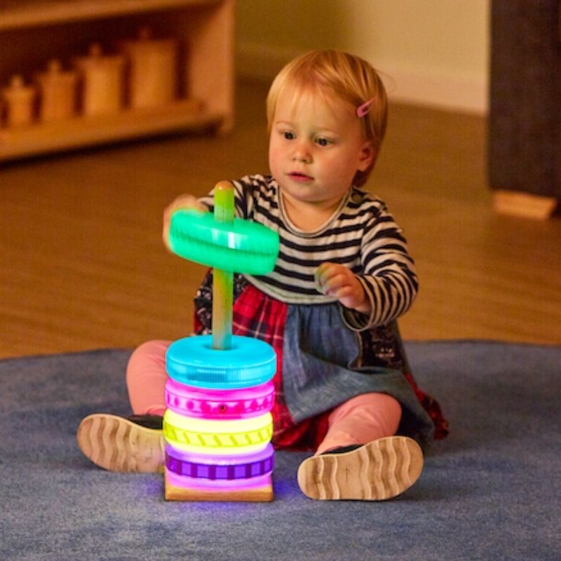 TTS Glow Stacking Discs Pole - wooden stacking accessory for light up sensory disc play, supporting fine motor skills and cause-and-effect learning for early years