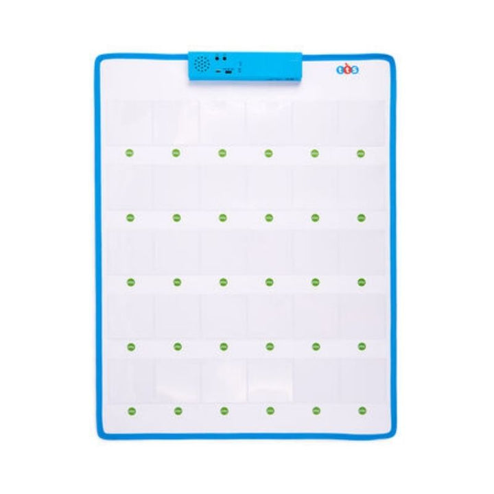 TTS Interactive Talking Mat showing all 30 recordable pockets and the blue recording unit, a classroom communication tool for spoken language development