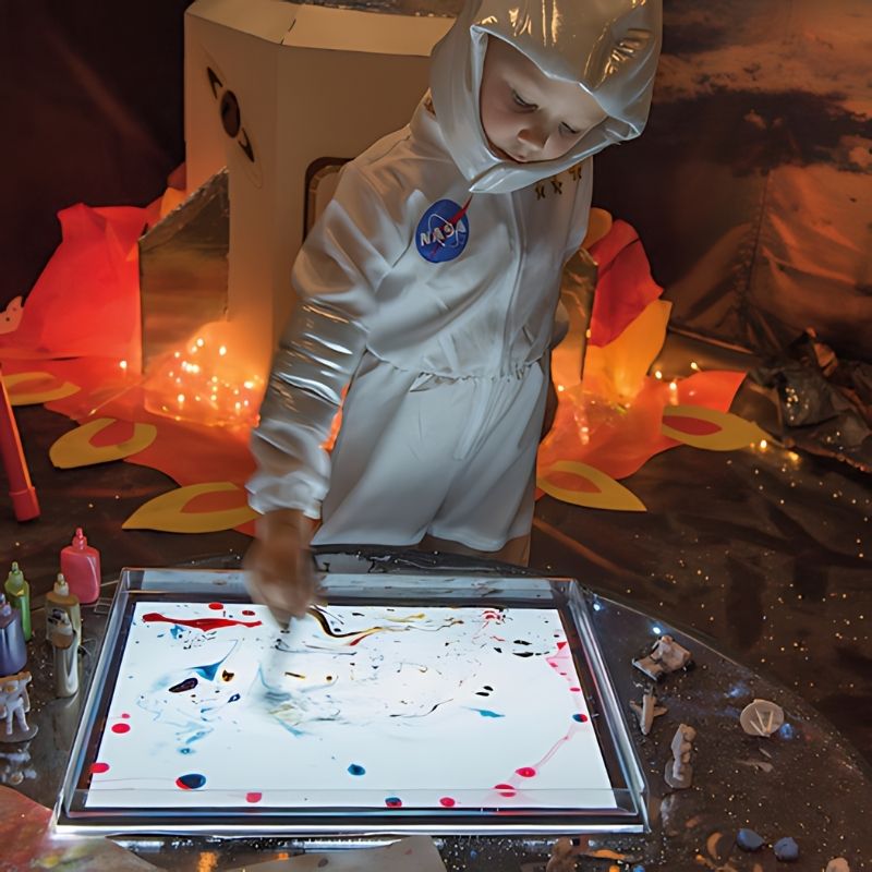 Child engaged in sensory light play using the TTS Light Panel Messy Play Protective Cover, exploring colour and texture in a classroom environment