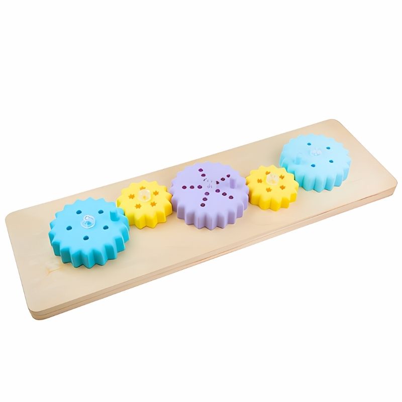 TTS Light Up Cog Board showing the full wooden panel with colour-changing cogs, a sensory fine motor toy for early learners