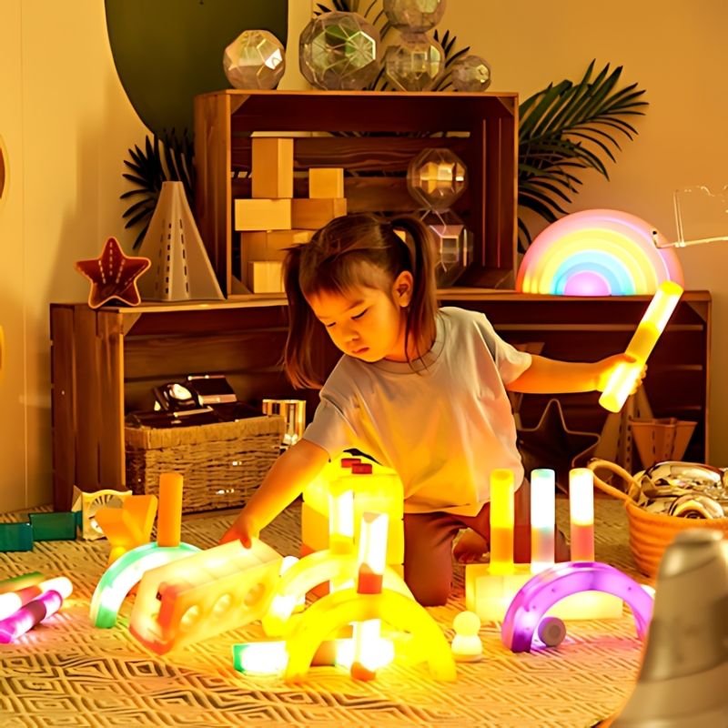 Child playing with TTS rechargeable glow cylinders on a mat, exploring colour and cause-and-effect through hands-on sensory play