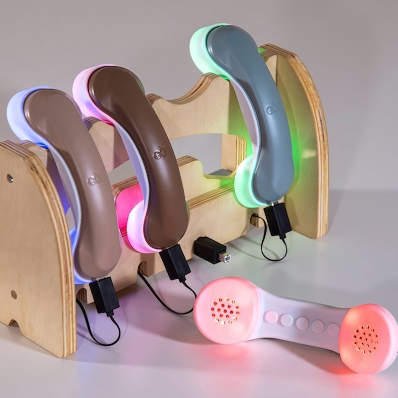 TTS Light Up Phones set of four in landscape view, rechargeable communication toy for early years role play and language development