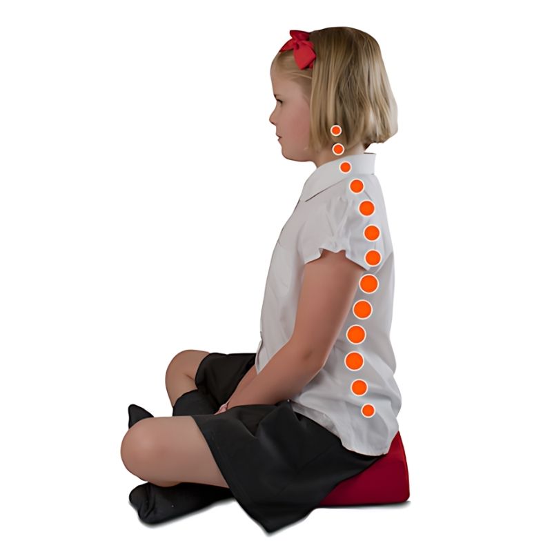 Side profile of the TTS Maxi Wedge foam cushion showing ergonomic wedge shape designed to support spinal alignment and posture for children and adults