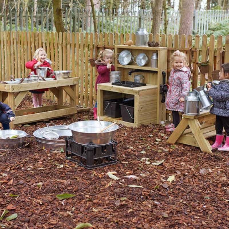 TTS metal cans, tubs, buckets, and pans from the 25-piece Messy Play Set, featuring durable zinc construction and smooth finishes for safe open-ended sensory play