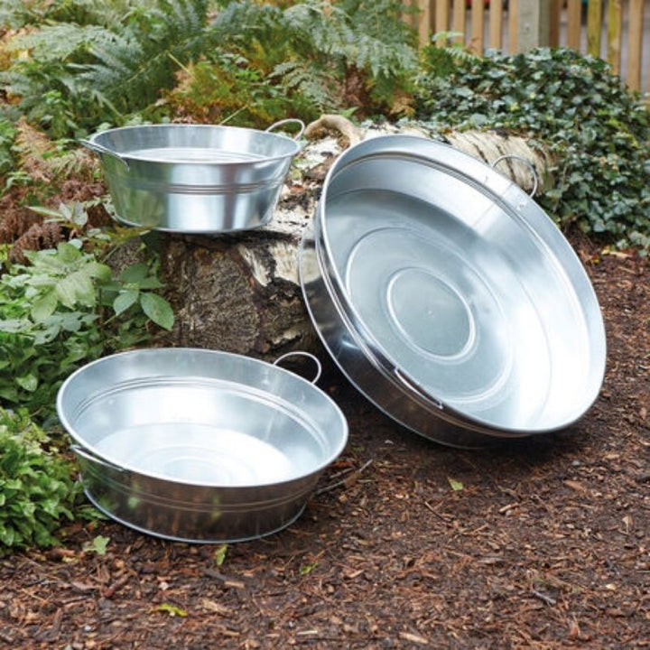 TTS metal creative tubs from the 25-piece Messy Play Set, showing smooth edges and extra-hard coating suitable for sand, water, and tactile sensory exploration