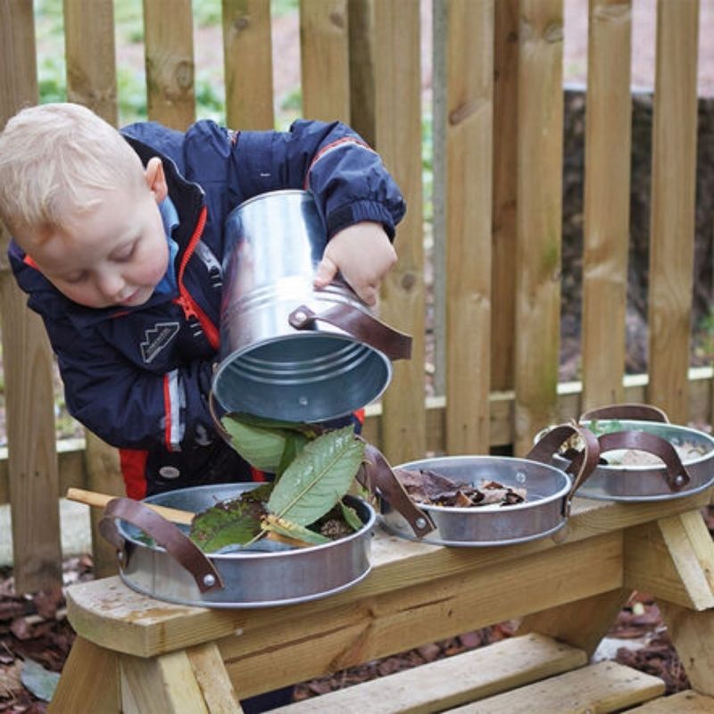 TTS metal jugs and churns from the Metal Messy Play Set, ideal for pouring and measuring activities that build fine motor skills in early years classrooms