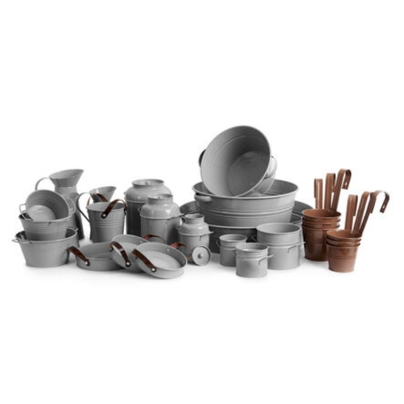 TTS Metal Messy Play Set showing all 25 pieces including fence caddies, creative tubs, cans, jugs, churns, buckets and pans arranged for early years sensory play