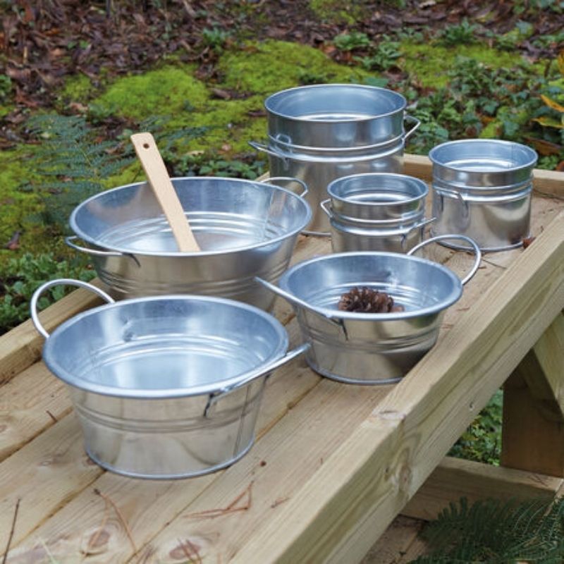 Full group layout of the TTS Metal Messy Play Set 25-piece collection, featuring durable powder-coated metal containers for outdoor and indoor messy play