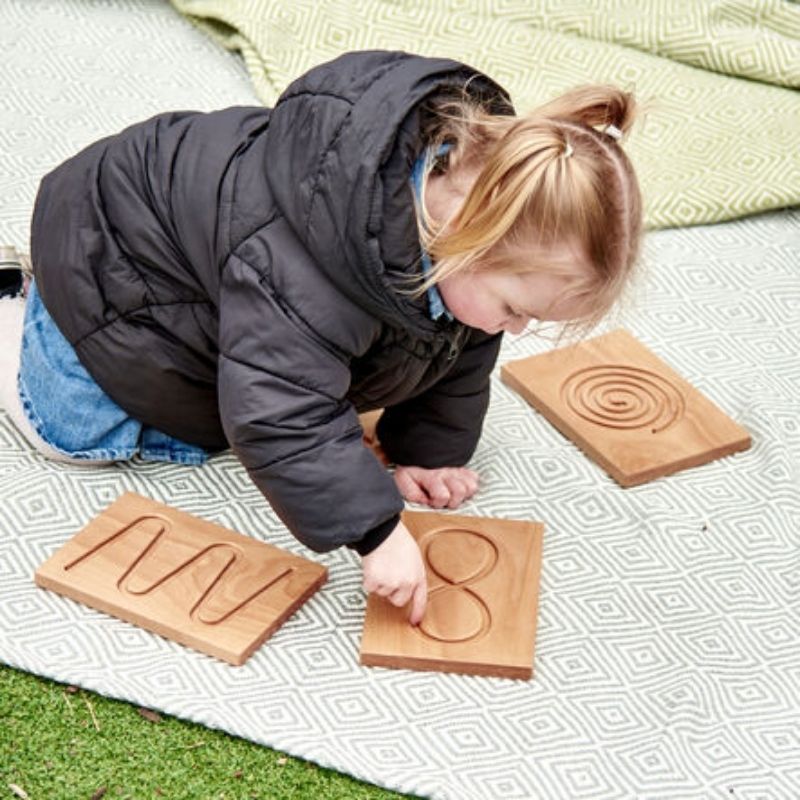 TTS Breathing and Mindfulness Boards 6pk displayed fanned out, showing all six unique wooden self-regulation designs for children's breathing practice