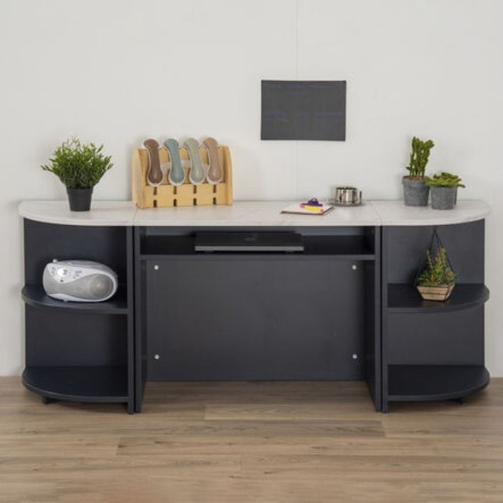 Front view of the TTS Modern Living Kitchen Island Set in navy, showing the full unit with open curved shelving on both ends, central cabinet, and marble effect worktop