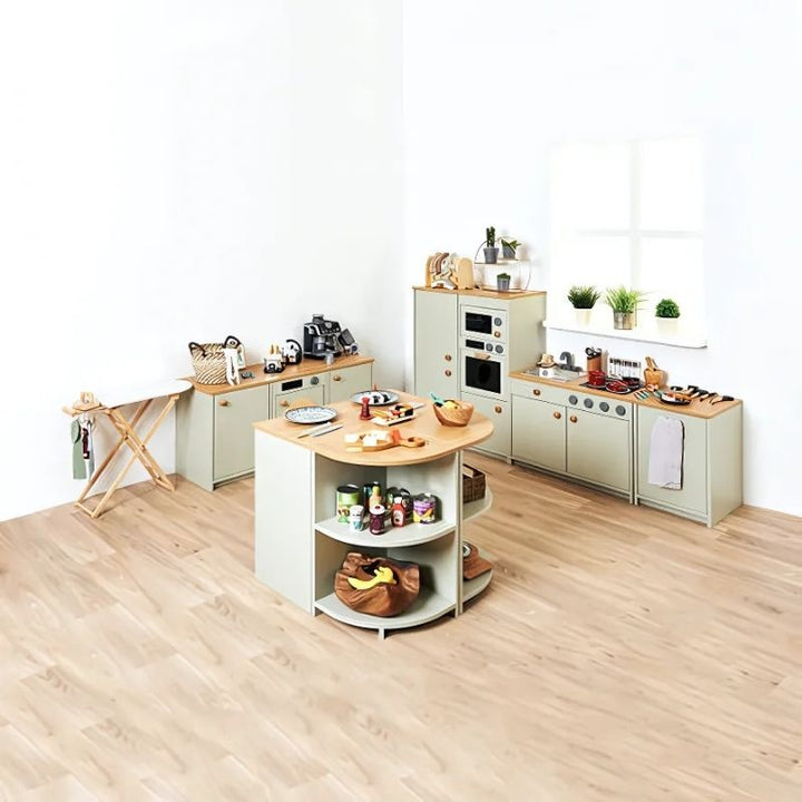TTS Modern Living Kitchen Island Set in sage green, showing the breakfast bar and corner units configured as a modular play kitchen for classrooms and home