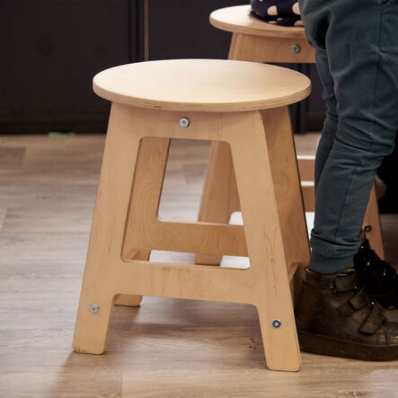 Close-up view of the TTS Modern Living Mini Kitchen Stool showing the smooth child-safe wood finish and contemporary design