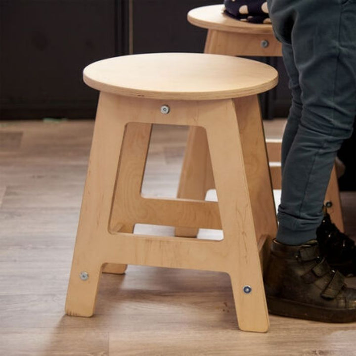 Close-up view of the TTS Modern Living Mini Kitchen Stool showing the smooth child-safe wood finish and contemporary design