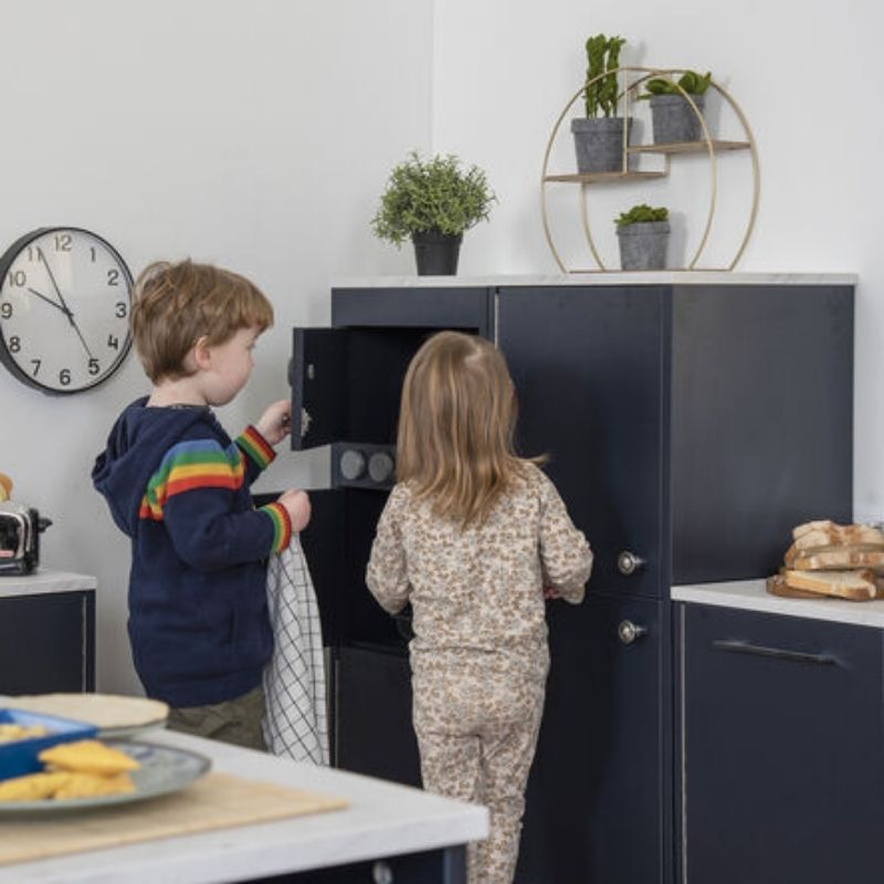 TTS Modern Living Oven and Microwave Unit TTS Modern Living Oven and Microwave Unit navy finish, showing the marble-effect worktop and turning knobs on this wooden play kitchen furniture- Navy - Two Kids Active Play