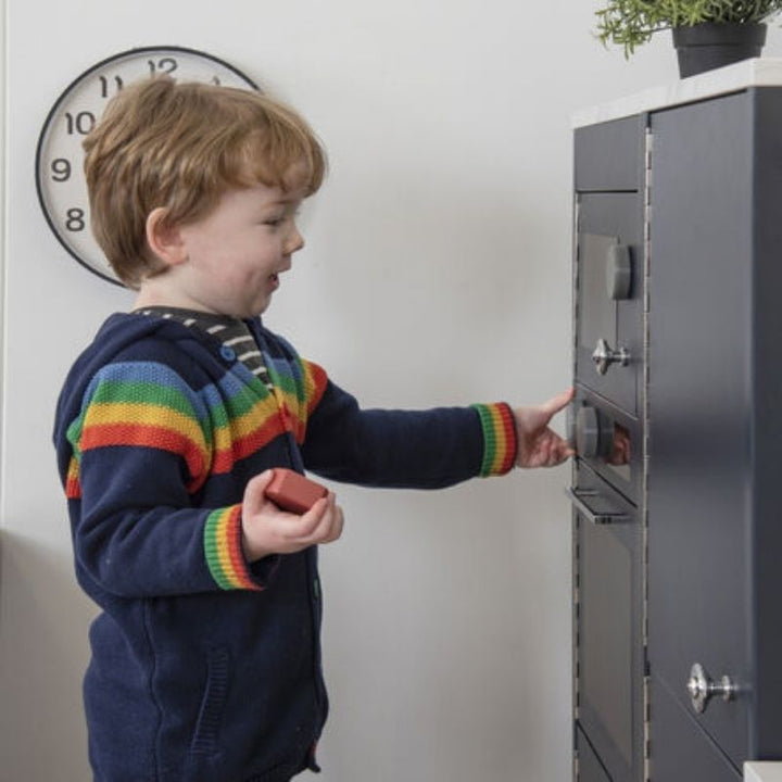 TTS Modern Living role play kitchen oven unit in navy, featuring opening oven and microwave doors for realistic dramatic play in early years settings