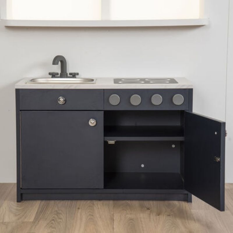 Close detail of the TTS Modern Living hob unit with turning knobs, part of the navy pretend play kitchen collection for early years settings