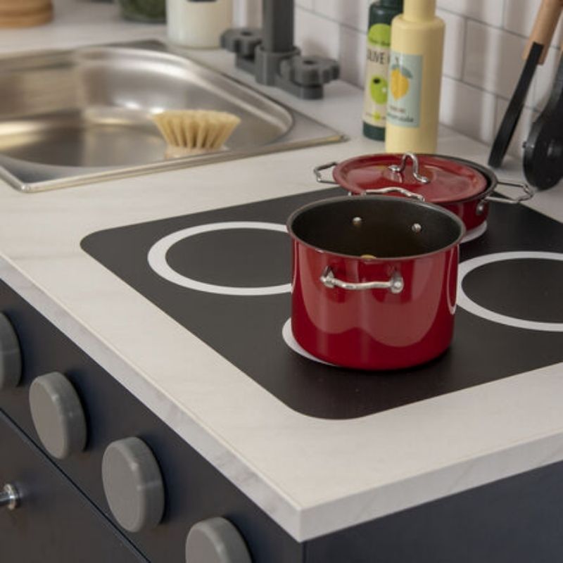 TTS Modern Living Sink and Hob Unit in navy finish, a role play kitchen unit with metal sink, turning taps, and hob knobs for early years classrooms and home corners