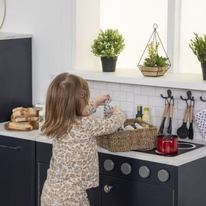 TTS Modern Living Sink and Hob Unit navy shown in landscape view, displaying the full width of the combined sink and hob pretend play kitchen unit