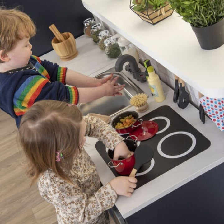 Side view of the TTS Modern Living Sink and Hob Unit in navy, showing the MDF construction, double cupboard storage, and marble effect worktop