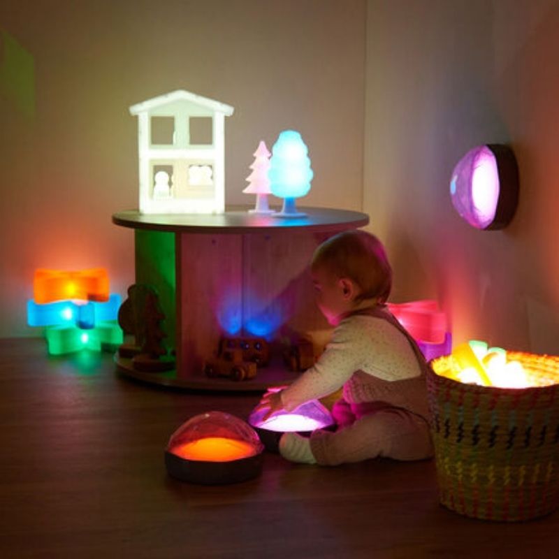 TTS Light Up Recordable Domes 4pk in a child active play setting, showing the multi-sensory LED light and recordable dome design