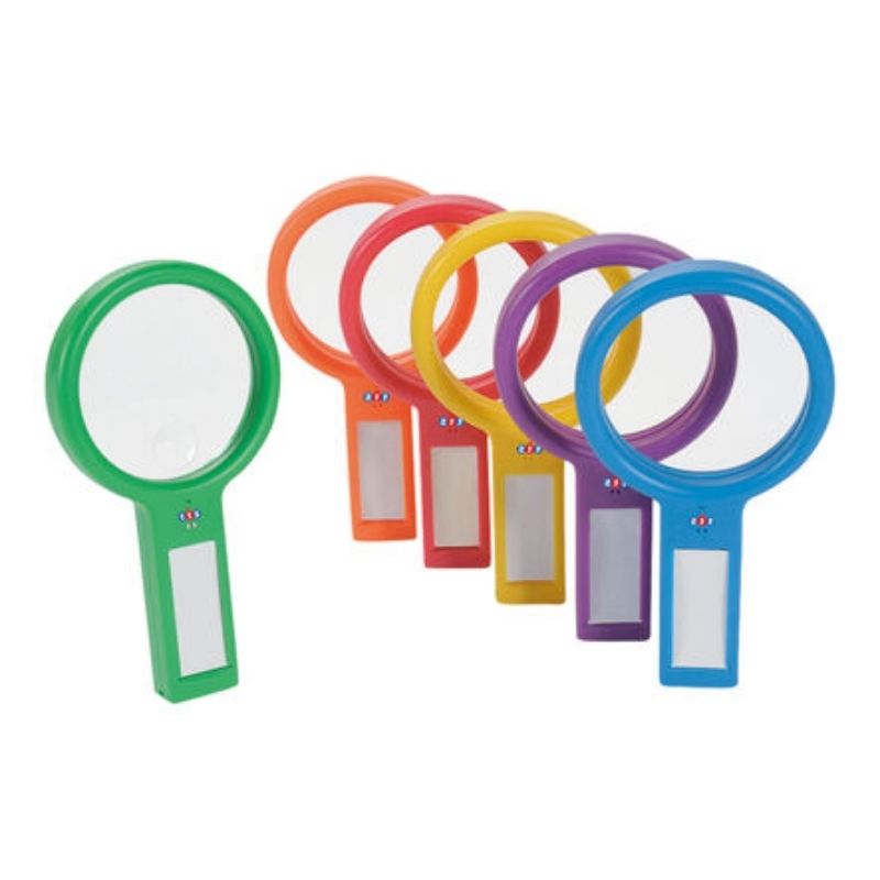 TTS Recordable Plastic Magnifying Glasses 6pk laid out together, showing the full set of colourful dual lens voice recorder magnifiers for classroom science