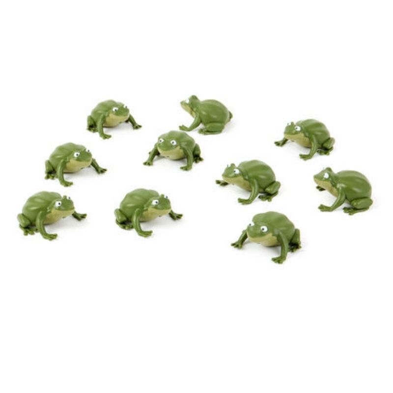 Full set of 10 TTS Recordable Talking Frogs laid out together, a classroom communication and phonics resource pack