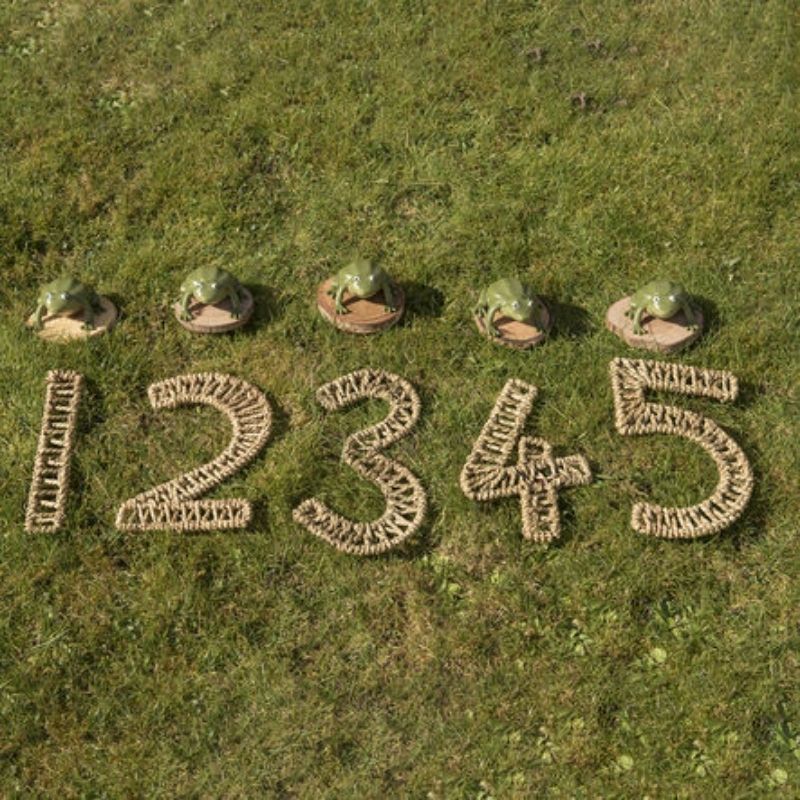 TTS Recordable Talking Frogs arranged in numerical order, set up as a talking number line for early numeracy and literacy activities