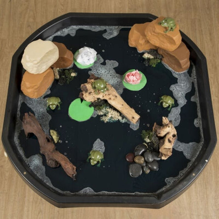 TTS Recordable Talking Frogs in a water play tray, demonstrating their fully waterproof design for sensory and speech activities