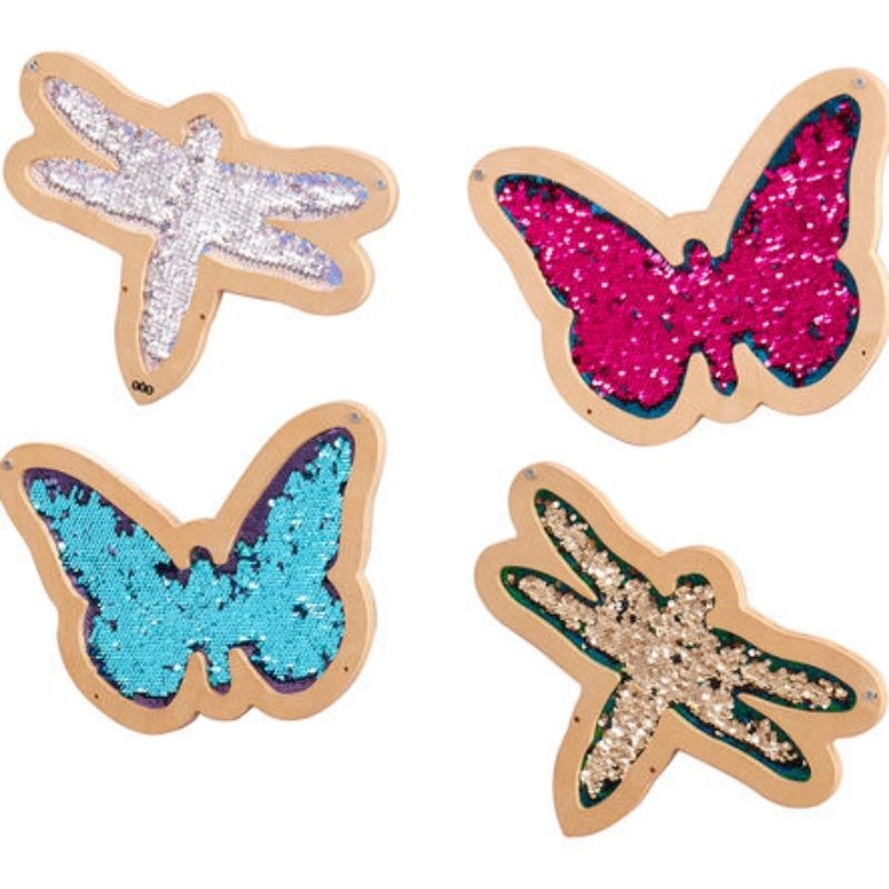 Full set of four TTS Mark Making Sequin Butterfly and Dragonfly sensory wall panels showing wooden frame construction and colour-changing flip sequin fabric detail