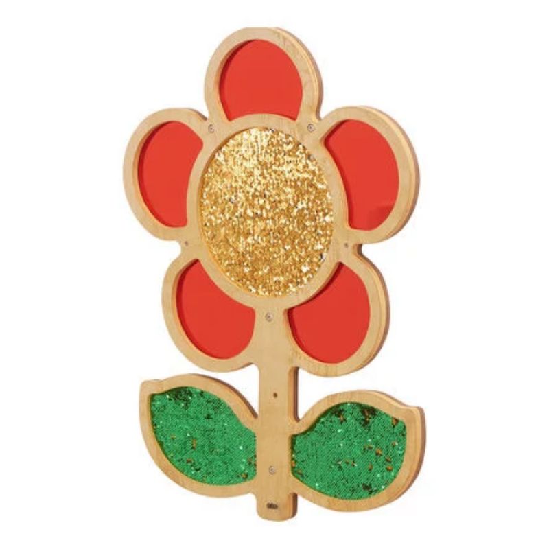 TTS red Mark Making Sequin and Mirror Daisy Frame shown at an angle, with red acrylic mirror petals, a gold sequin centre and green sequin leaves on a birchwood frame