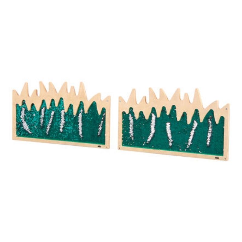 Full view of the TTS Mark Making Sequin Grass Boards set of 2, showing the green grass-design flip sequin surface mounted in a wooden frame for sensory wall panel display
