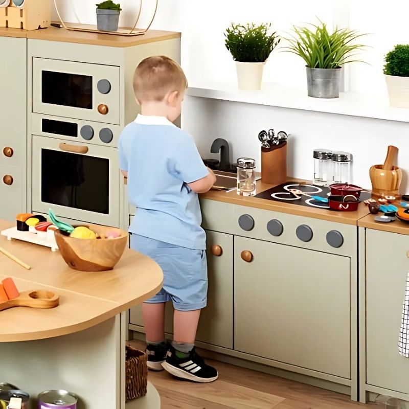 TTS Modern Living Sink and Hob Unit Sage showing the role play kitchen in use, ideal for early years home corner play in classrooms and daycares