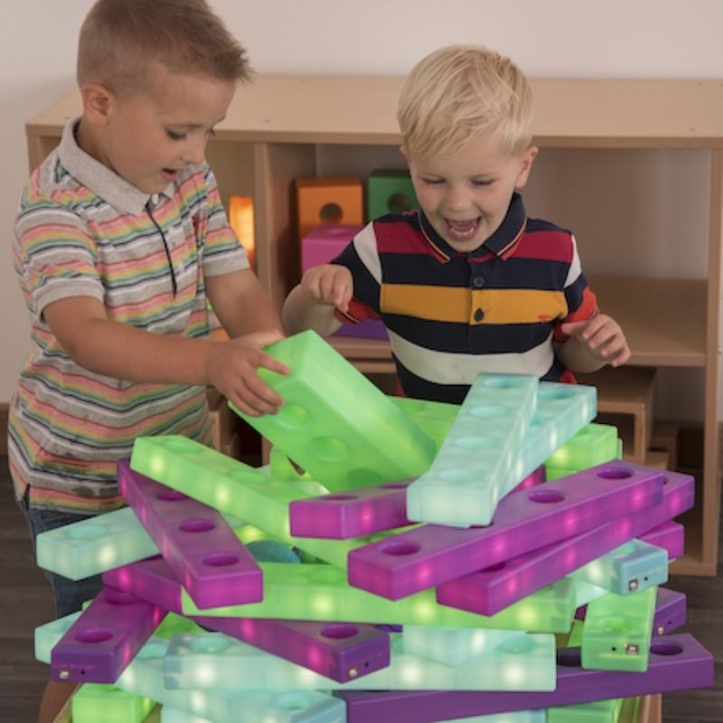 TTS Stack and Build Glow Blocks set of 9 glowing in three colours, a rechargeable light-up sensory building toy for early childhood play and sensory rooms