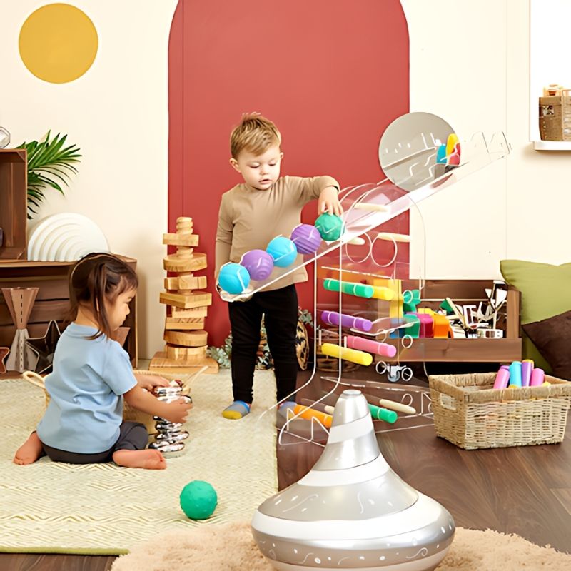 A boy and girl exploring the TTS STEAM Discovery Centre together, illustrating collaborative early years STEAM and sensory development play