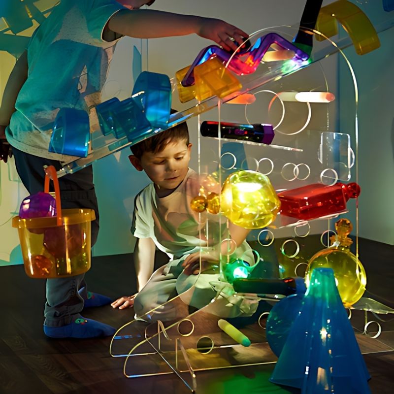 TTS STEAM Discovery Centre with a boy exploring the integrated balance and ramp track during early years STEAM play