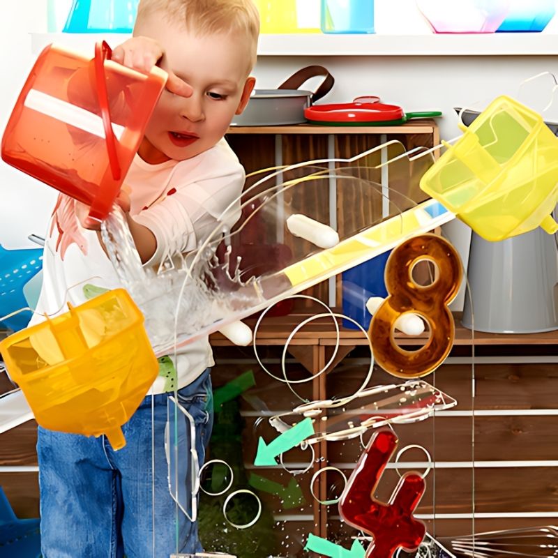 Child using a bucket with the TTS STEAM Discovery Centre balance scale, exploring weight and mass concepts through hands-on STEAM play