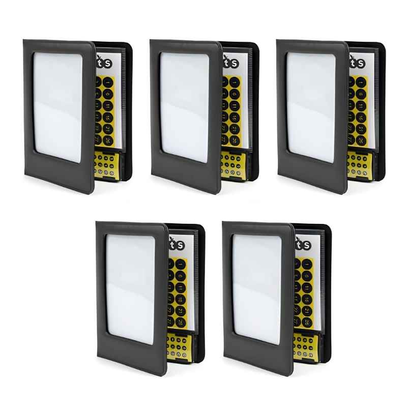 Five TTS A5 Talking Photo Albums shown as a pack of 5, each displaying the front cover photo window and yellow recordable button unit, ideal for classroom sets and school procurement across North America