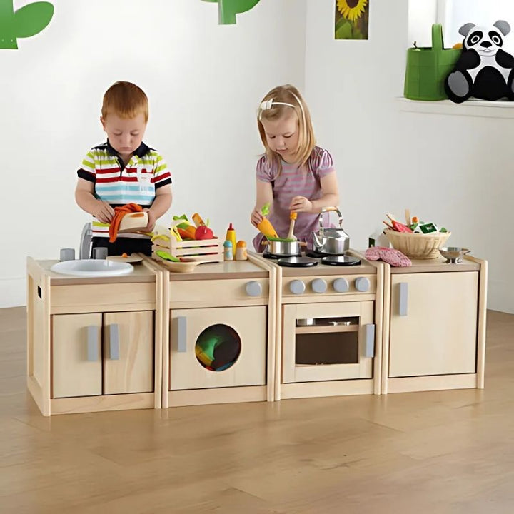 TTS Toddler Wooden Kitchen Units in natural wood finish, a wooden pretend play kitchen set for toddlers from 10 months