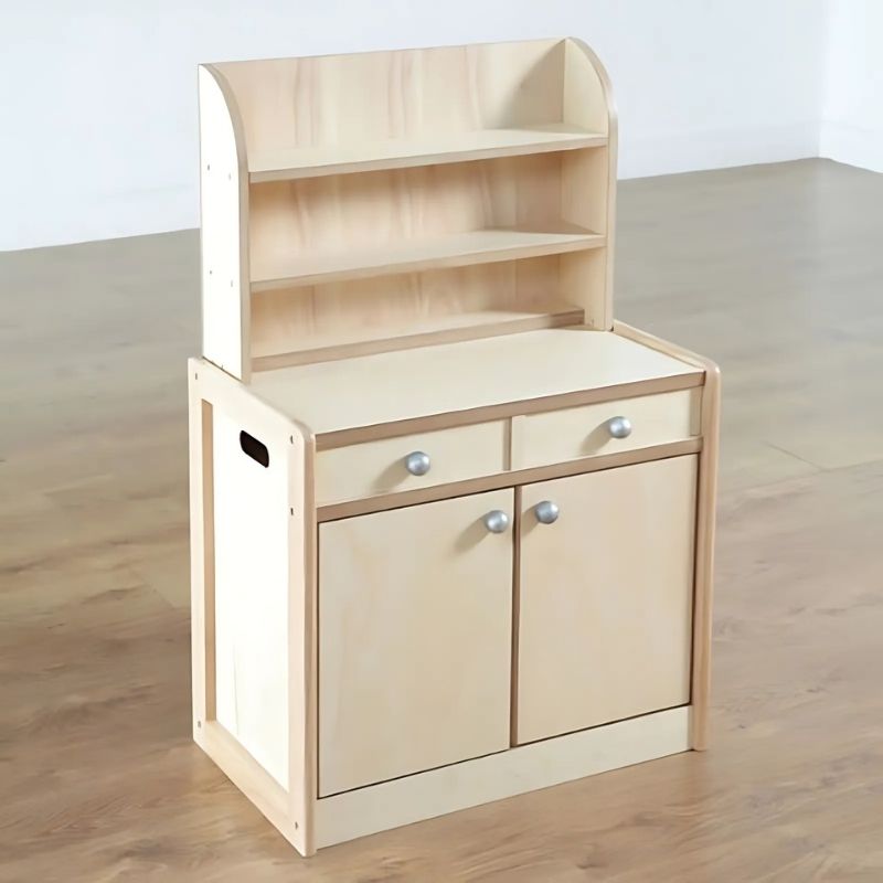 TTS Role Play Wooden Welsh Dresser in solid wood, showing the open shelving and storage of this imaginative play furniture designed for early years classrooms and home play corners