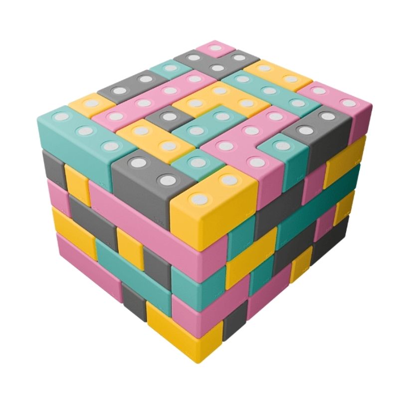 TUKI BIG Magnetic Blocks Builder 110 clean landscape view showing all 110 large 10cm magnetic EVA foam blocks in 8 Signature shapes, the largest BUILDER set in the TUKI BIG range for group floor construction with 6-9 children across Canada and the US