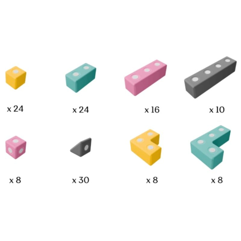 Detailed inclusion view of TUKI BIG Magnetic Blocks Builder 128 showing the closed-cell EVA foam construction, rotating neodymium magnet capsules, and the 8 Signature TUKI shapes in the EN71-certified 128-piece large-format largest BUILDER group magnetic foam construction set