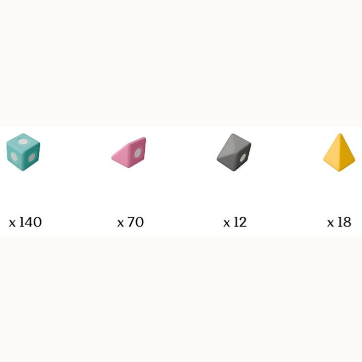 Detailed view of TUKI Big Magnetic Foam Blocks Smart 240 set contents showing the 240-element range of shapes and four colours - turquoise, grey, yellow, and pink