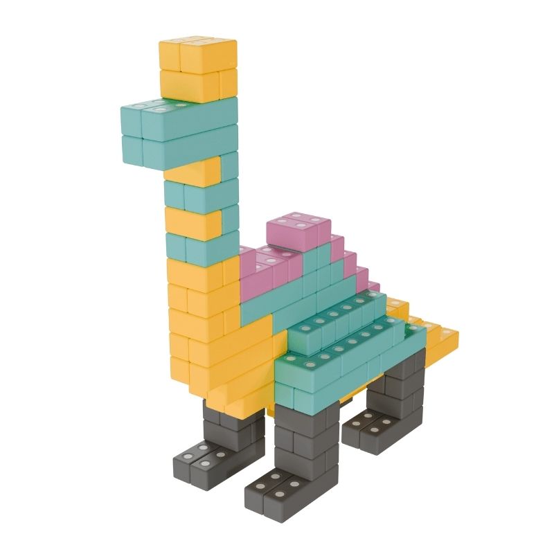 TUKI BIG Smart Magnetic Blocks Smart 100 arranged into a dinosaur figure, demonstrating the complex 3D imaginative floor-scale construction that 100 large-format magnetic foam blocks in 4 Smart TUKI shapes enables for group building sessions